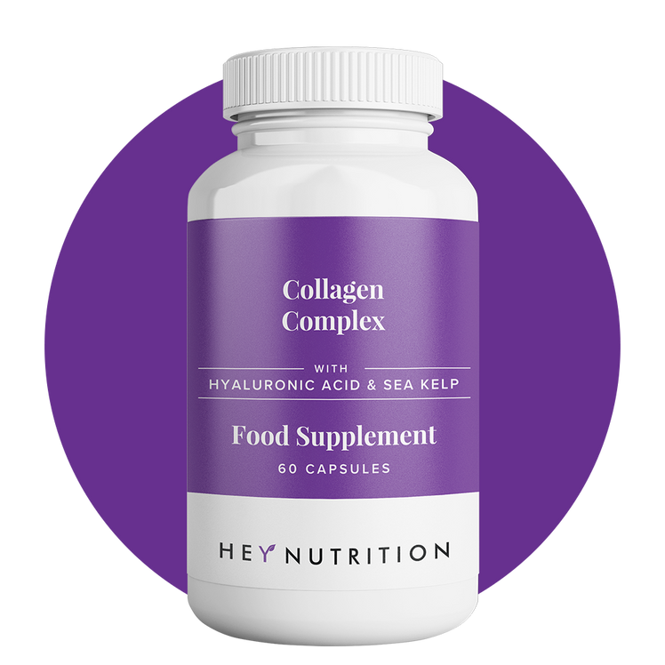 Bottle of Hey Nutrition Collagen Complex food supplement with hyaluronic acid and sea kelp, 60 capsules, displayed on a purple background.