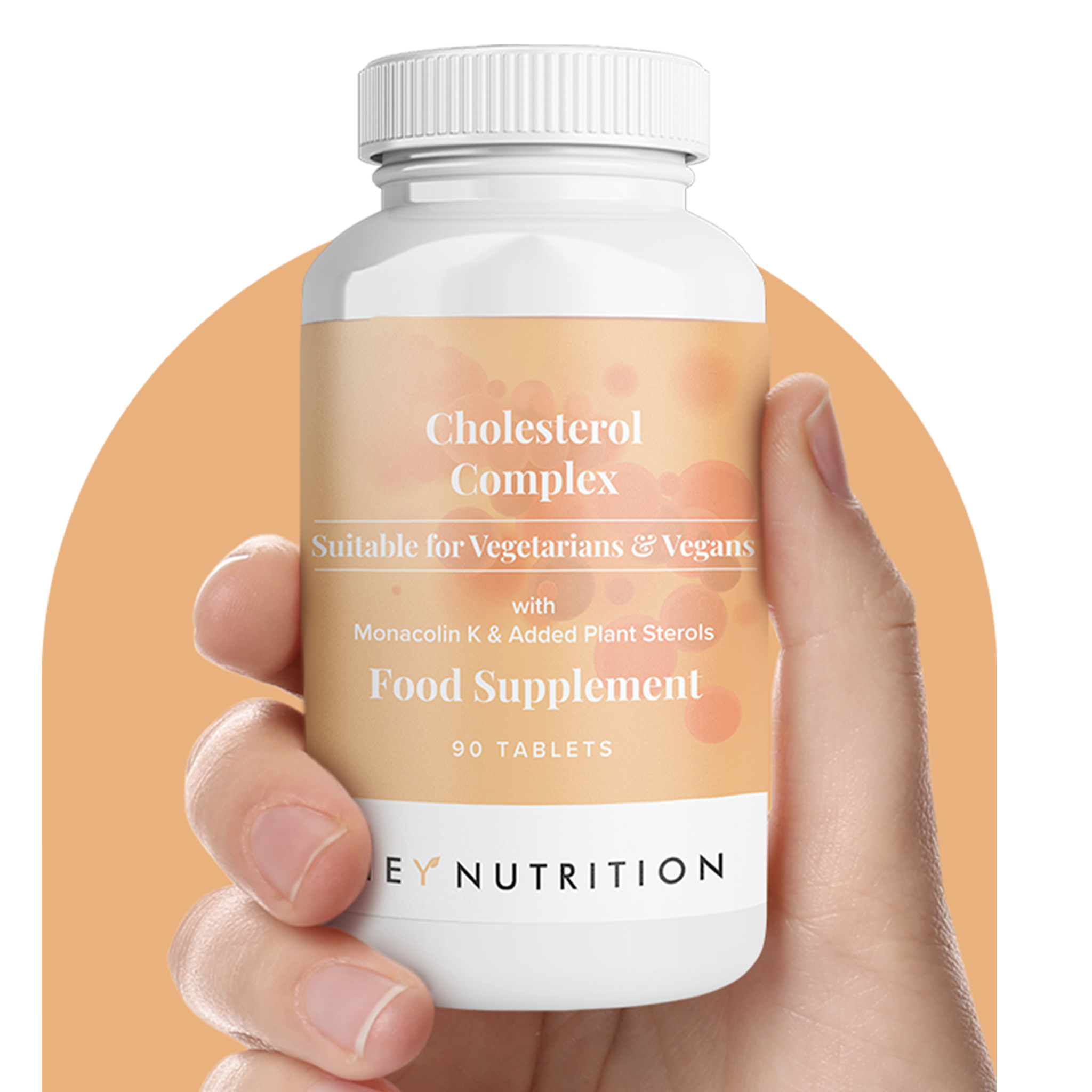 Close hand-held lifestyle shot of Hey Nutrition Cholesterol Complex against a peach backdrop; 90 tablets; Suitable for Vegetarians & Vegans; formula callout “with Monacolin K & Added Plant Sterols” displayed prominently on the label.