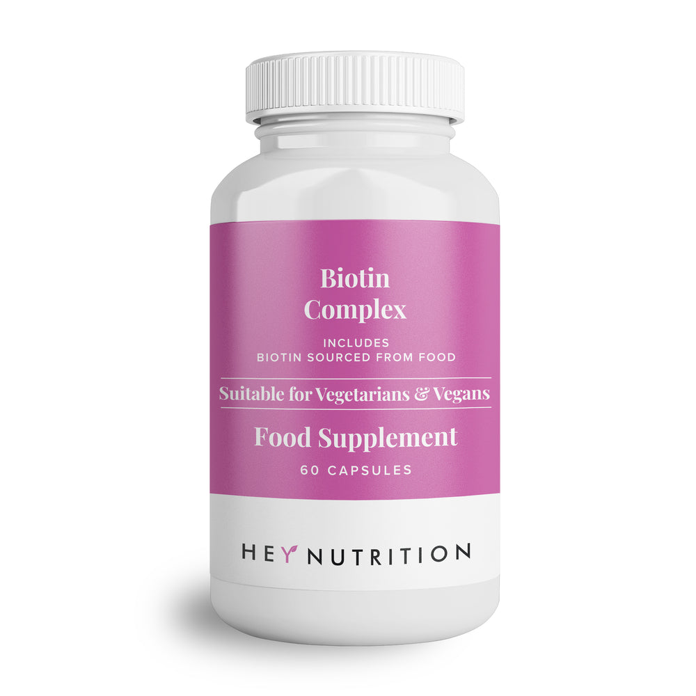Biotin Complex product isolated – A standalone bottle of Hey Nutrition Biotin Complex 60 capsules, displayed on a white background for a clean product view.