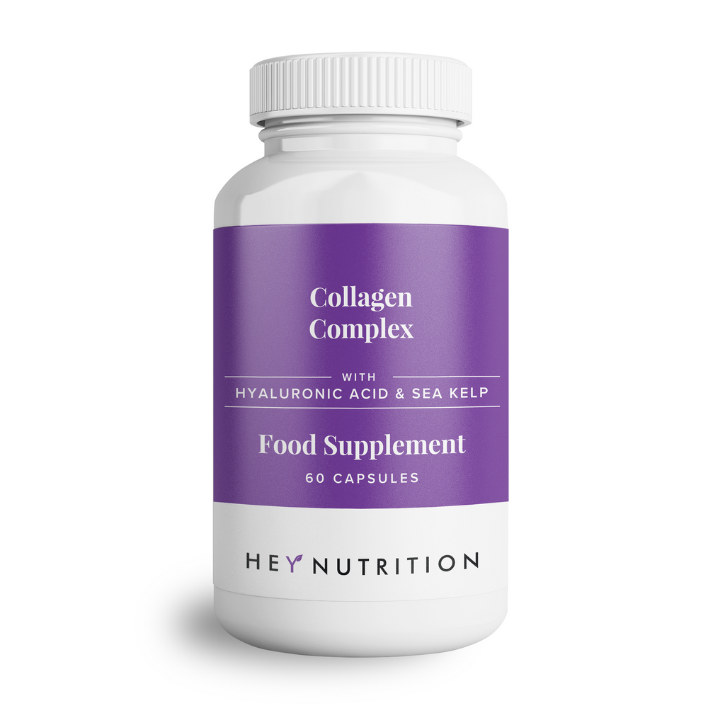 Product image of Hey Nutrition Collagen Complex food supplement bottle, hyaluronic acid and sea kelp, 60 capsules, on a white background.
