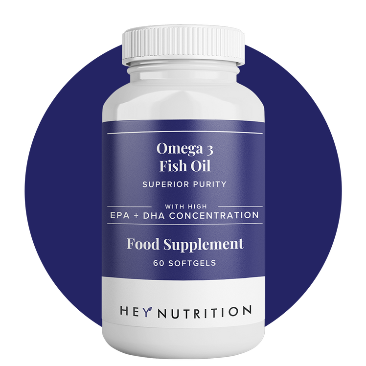Omega 3 Fish Oil bottle on dark blue circle background – Product image of Hey Nutrition Omega 3 Fish Oil supplement bottle, 60 softgels, labeled “Superior Purity with High EPA + DHA Concentration.”