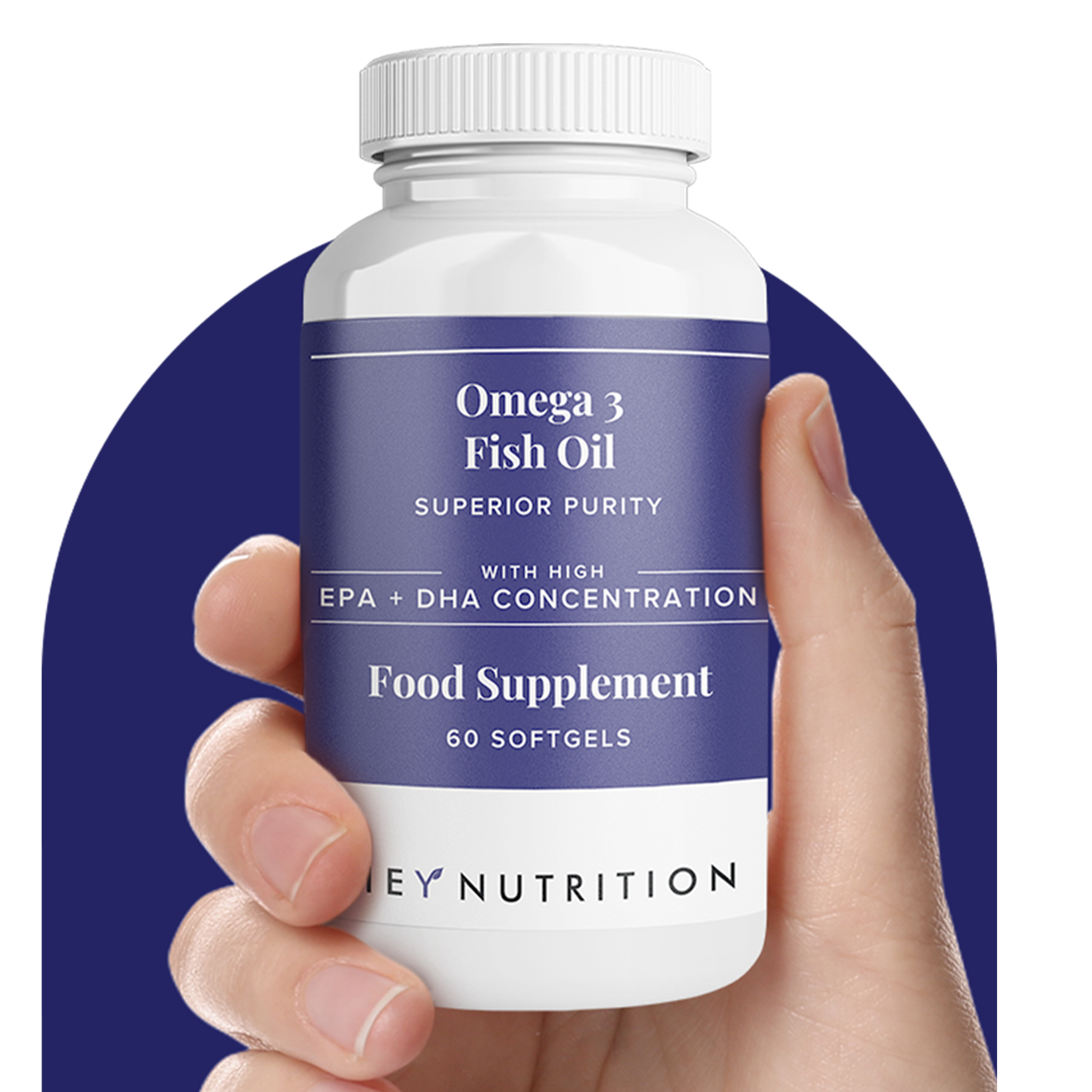 Hand holding Omega 3 Fish Oil bottle – A close-up of a hand holding Hey Nutrition Omega 3 Fish Oil supplement bottle, showing the product label clearly.