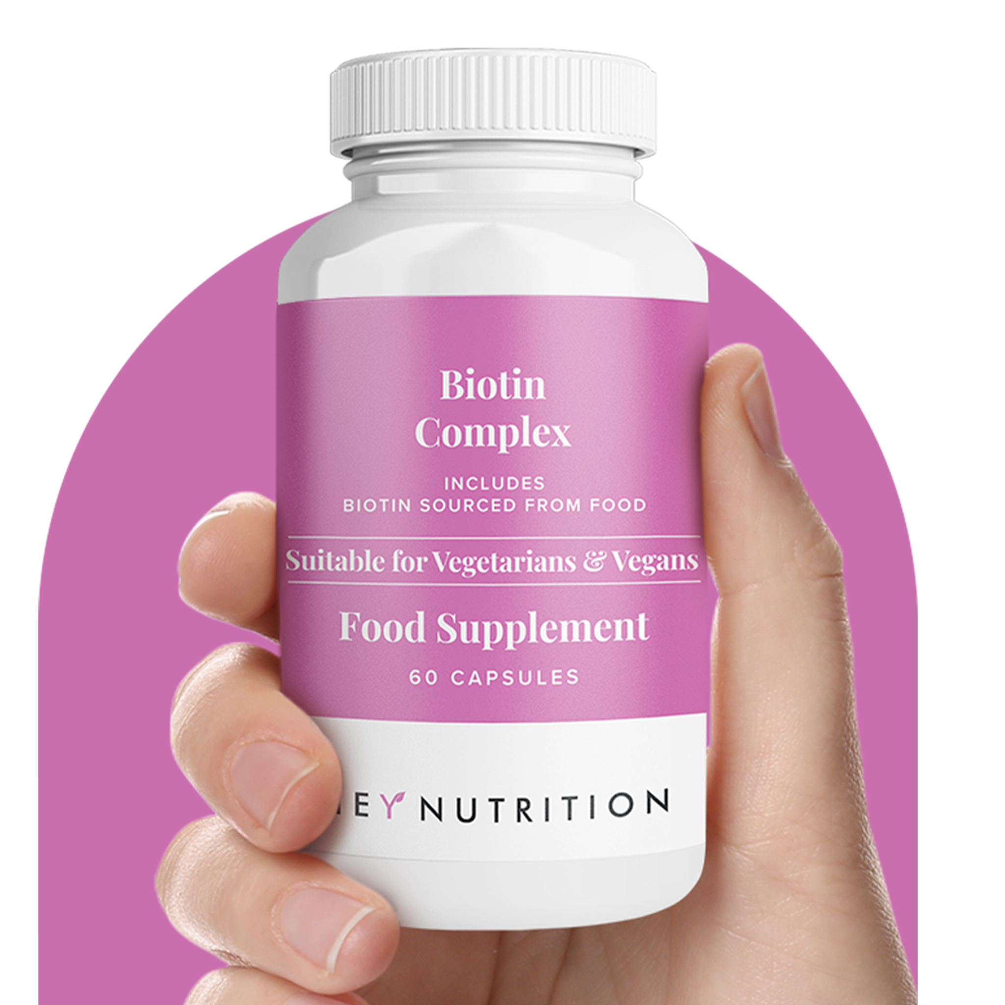 Biotin Complex product held in hand – A hand holds a bottle of Hey Nutrition Biotin Complex, highlighting the label and packaging design.