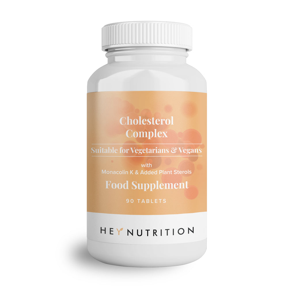 Clean white packshot of Hey Nutrition Cholesterol Complex; 90 tablets; Suitable for Vegetarians & Vegans; front label emphasises “with Monacolin K & Added Plant Sterols,” providing a clear view of branding and product details.
