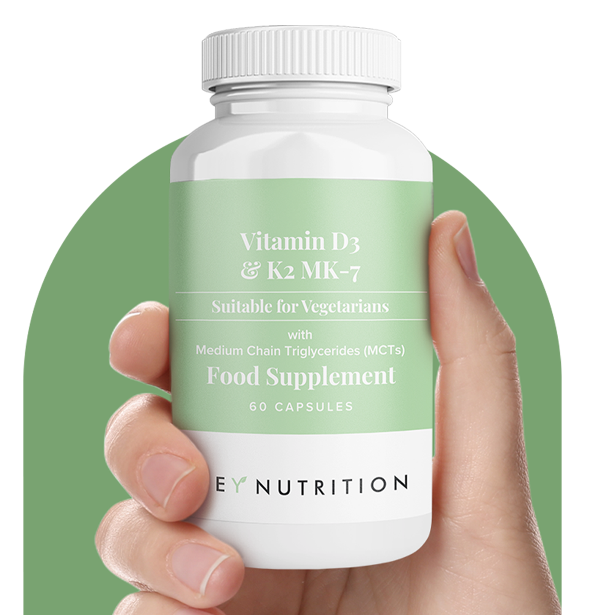 Hand holding Hey Nutrition Vitamin D3 & K2 MK-7 supplement bottle on a green circular background.