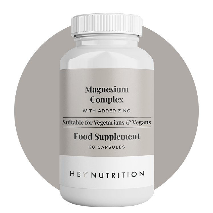 A bottle of Hey Nutrition Magnesium Complex food supplement, 60 capsules. Label reads: “With Added Zinc. Suitable for Vegetarians & Vegans.”