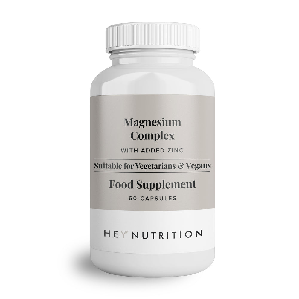 Hey Nutrition Magnesium Complex food supplement, 60 capsules, shown on a plain white background with grey label. Designed for vegetarians and vegans with added zinc for extra support.