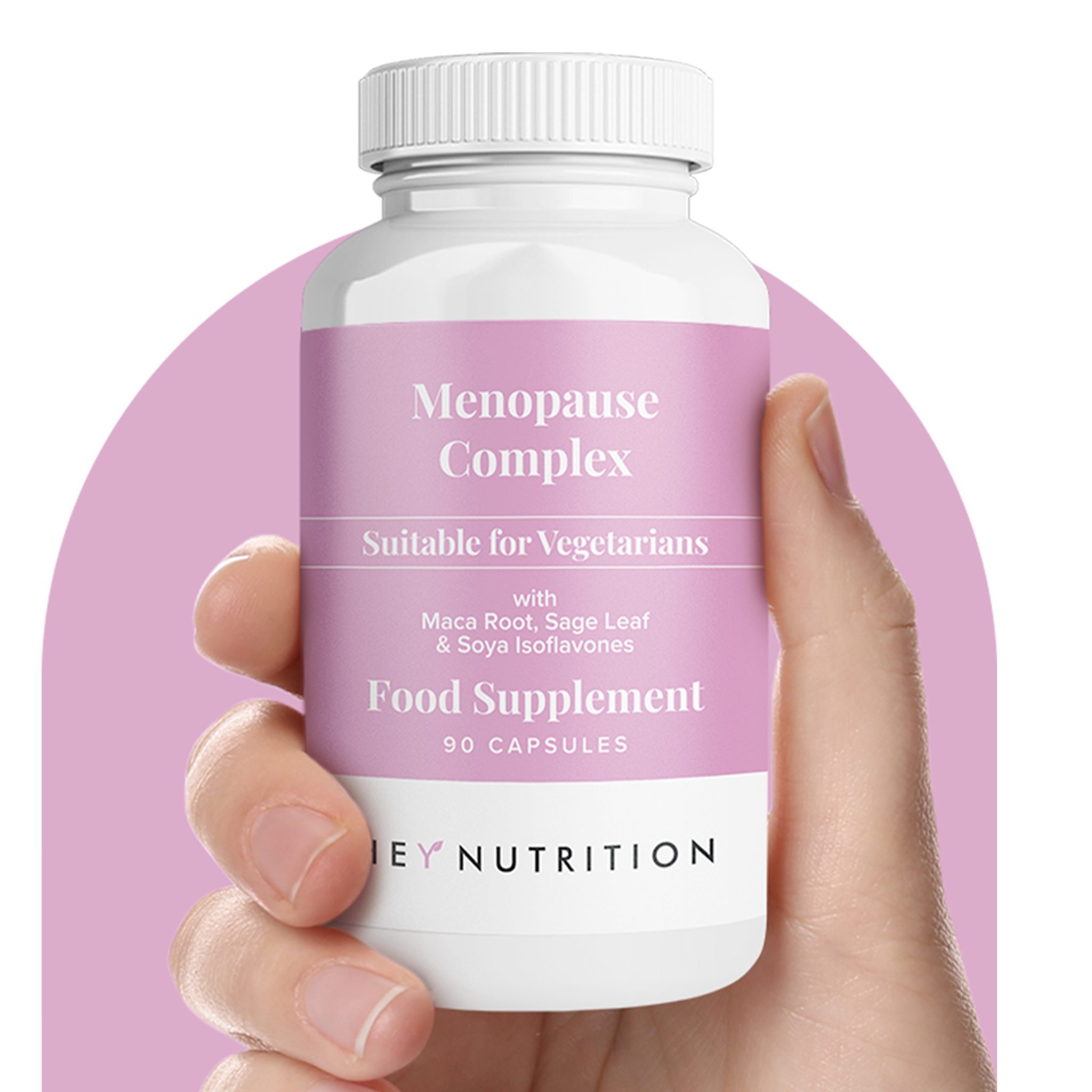 Hand holding HEY NUTRITION Menopause Complex bottle, close-up