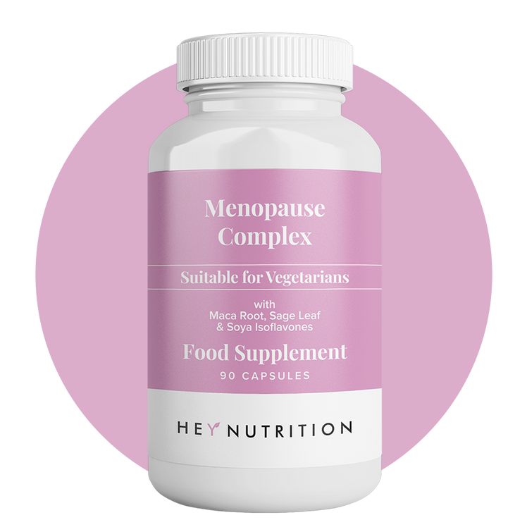 HEY NUTRITION Menopause Complex supplement bottle on pink circle background, 90 capsules
