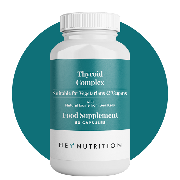 Bottle of Hey Nutrition Thyroid Complex food supplement, suitable for vegetarians and vegans, 60 capsules.
