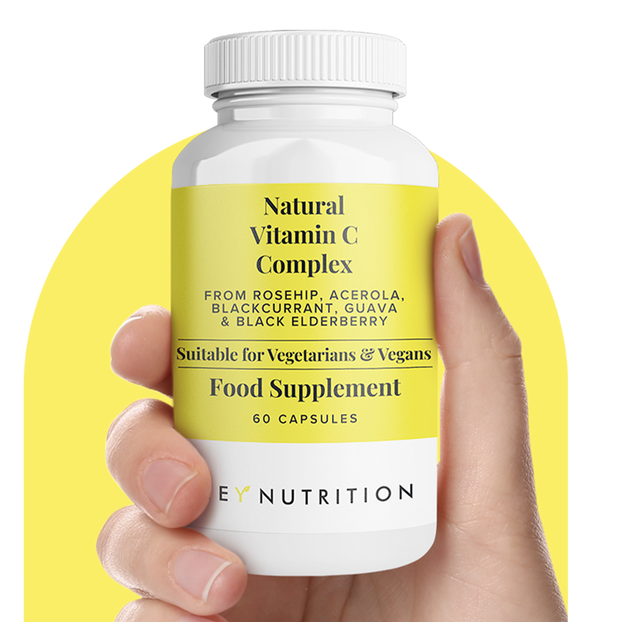 Hand holding Hey Nutrition Natural Vitamin C Complex supplement bottle with a yellow label.