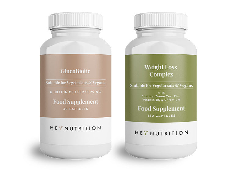 Clean white background showcasing two Hey Nutrition bottles: GlucoBiotic (30 capsules, 6 billion CFU per serving) and Weight Loss Complex (180 capsules, with choline, green tea, zinc, vitamin B6 & chromium). Designed for vegetarians and vegans, these food supplements support gut and metabolic health.