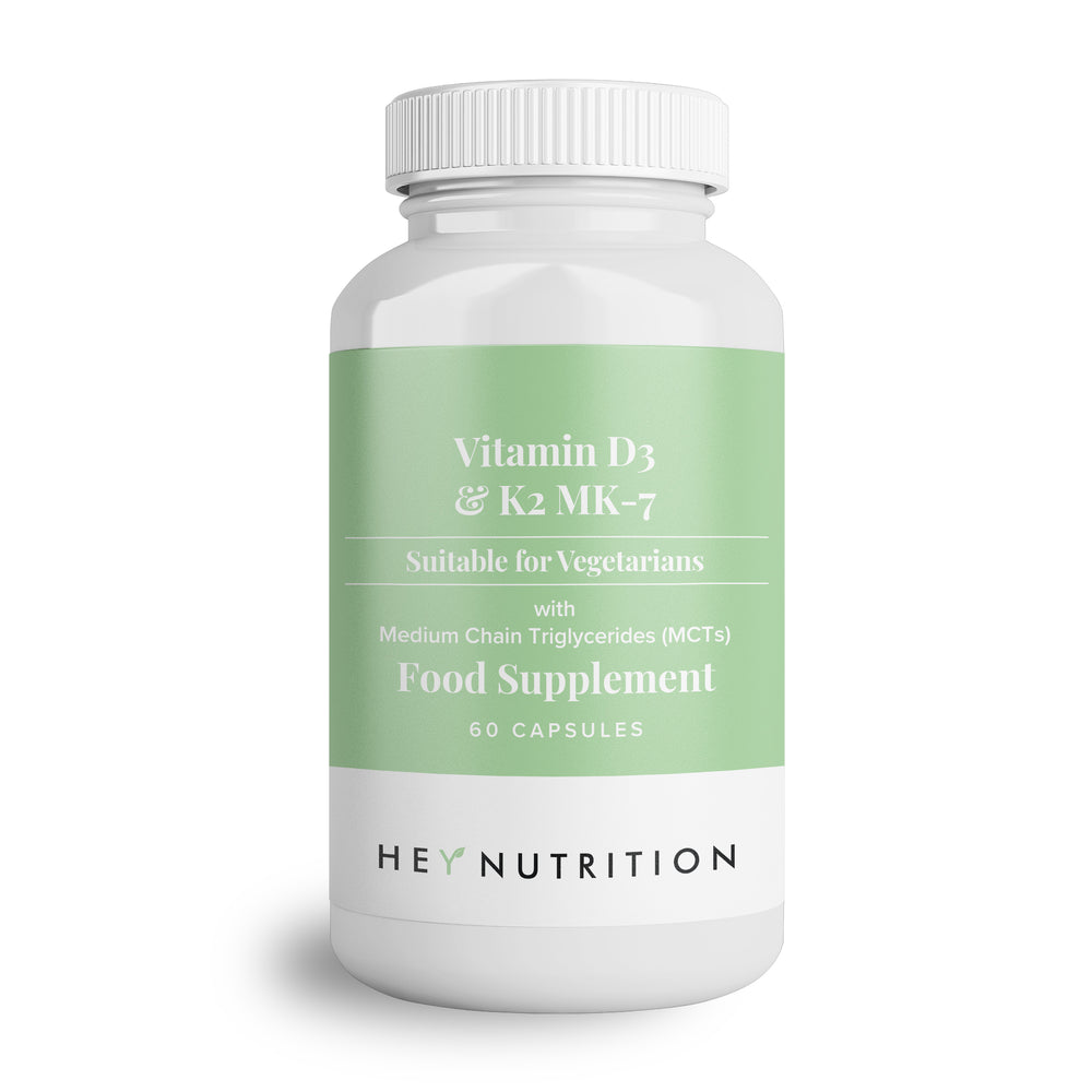 Hey Nutrition Vitamin D3 & K2 MK-7 supplement bottle on a white background.